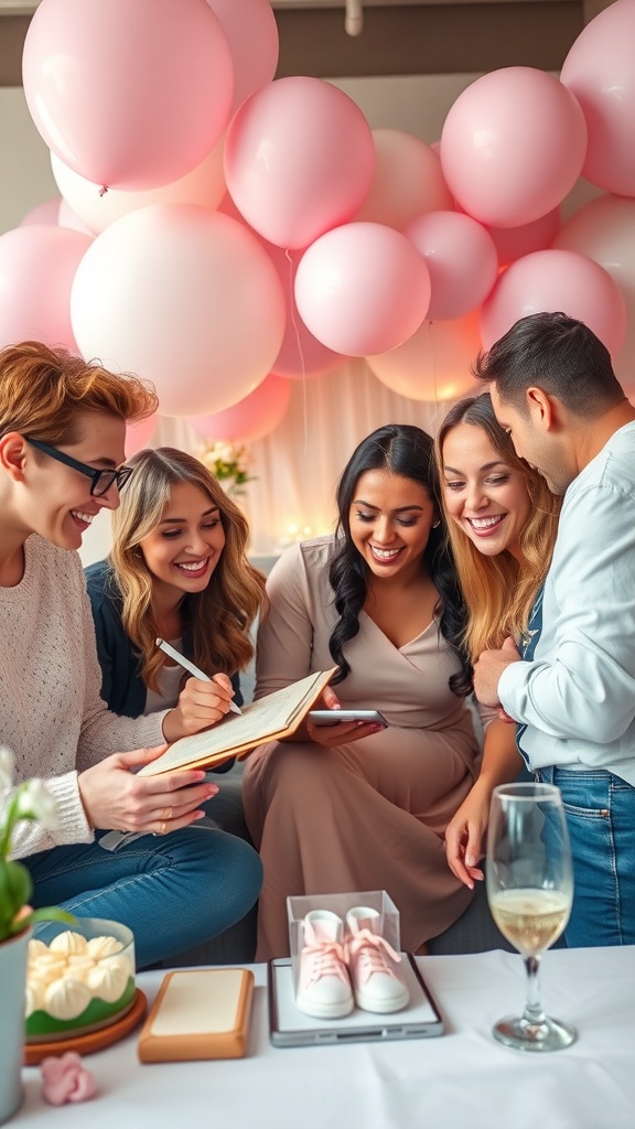 Group of friends playing a baby name race game at a baby shower, surrounded by pink balloons and snacks.