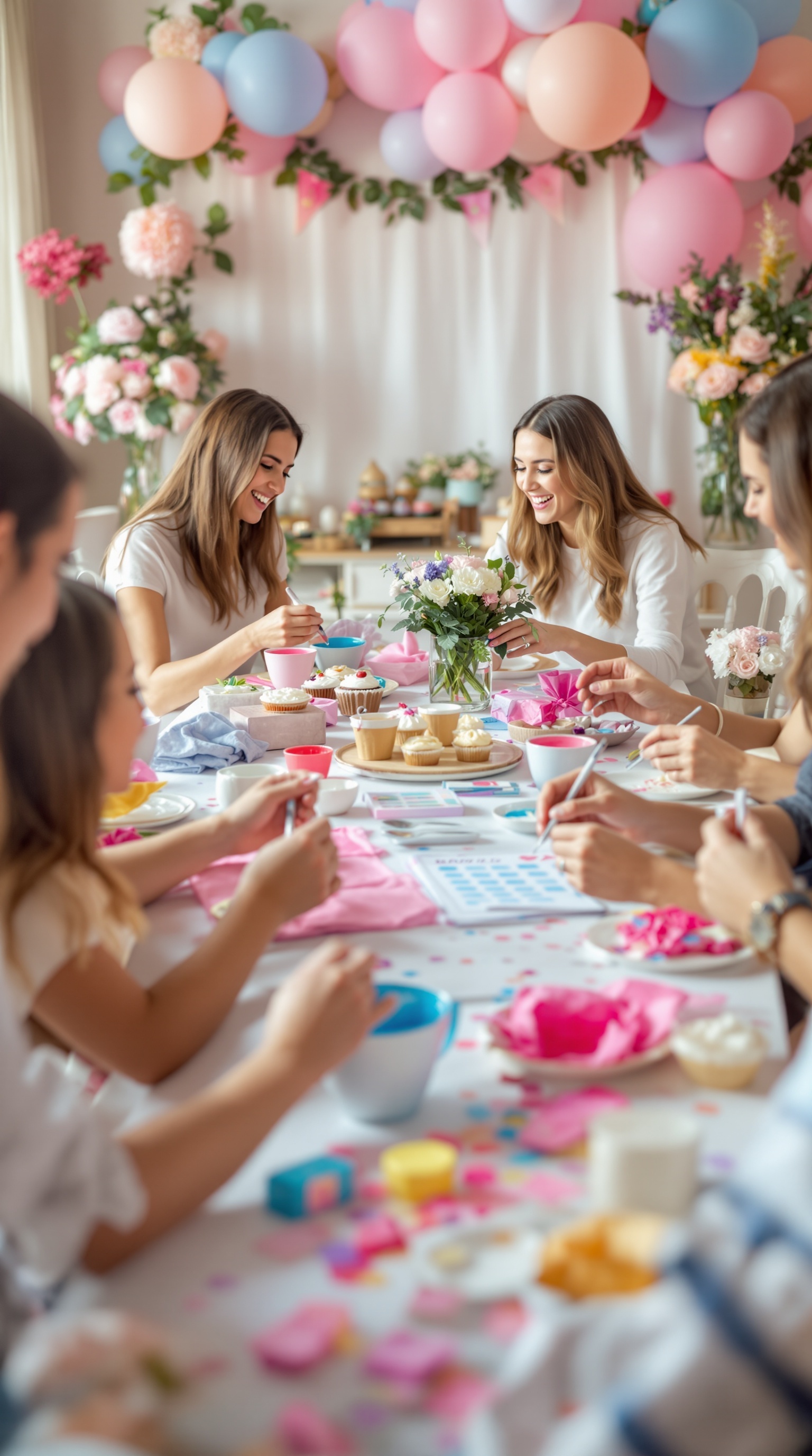 A group of people decorating baby onesies at a gender reveal party, surrounded by colorful balloons and snacks.