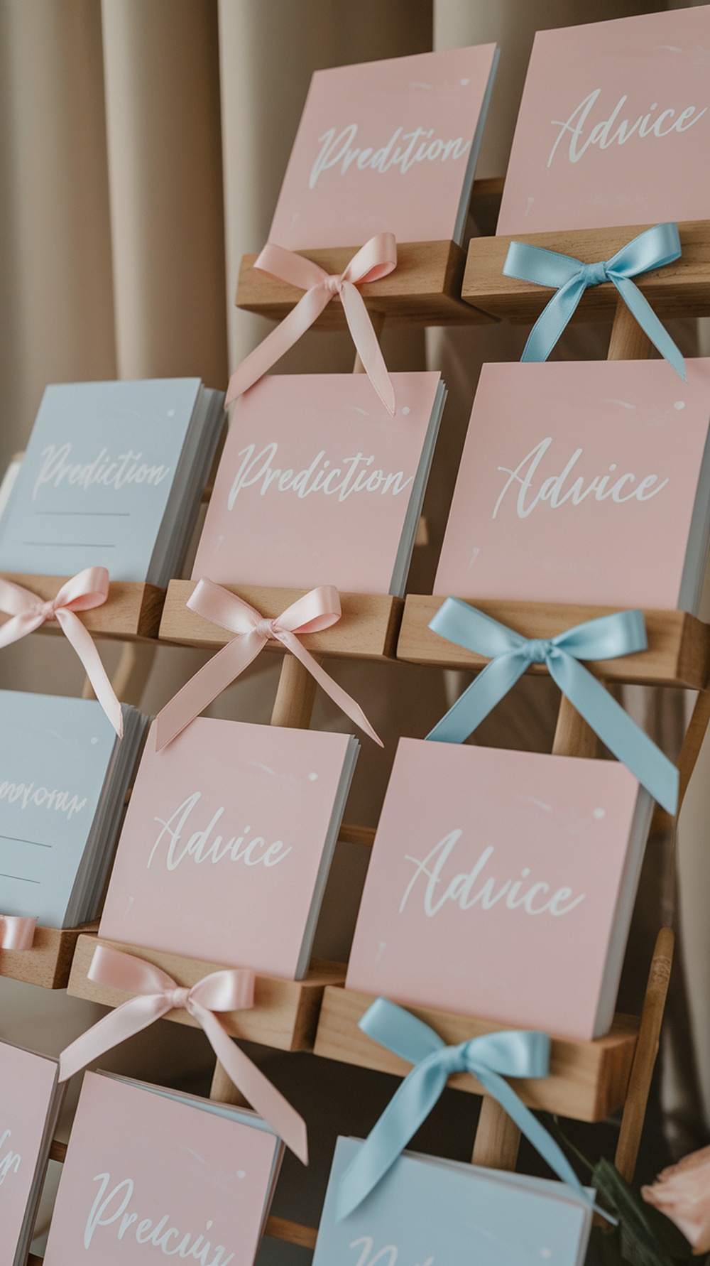 Colorful baby predictions and advice cards displayed on a wooden stand.