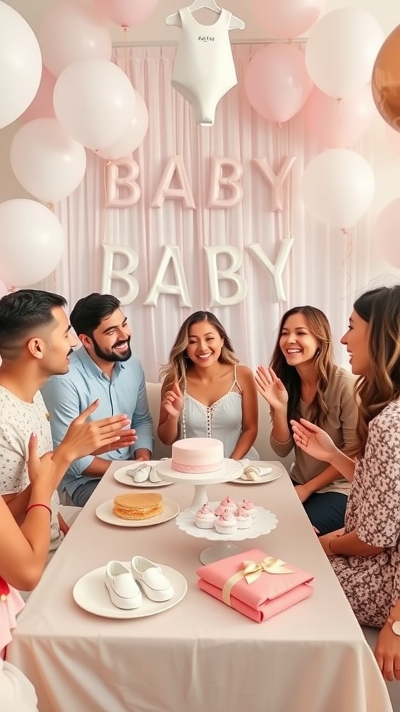 A group of friends enjoying a baby shower with decorations, treats, and laughter.