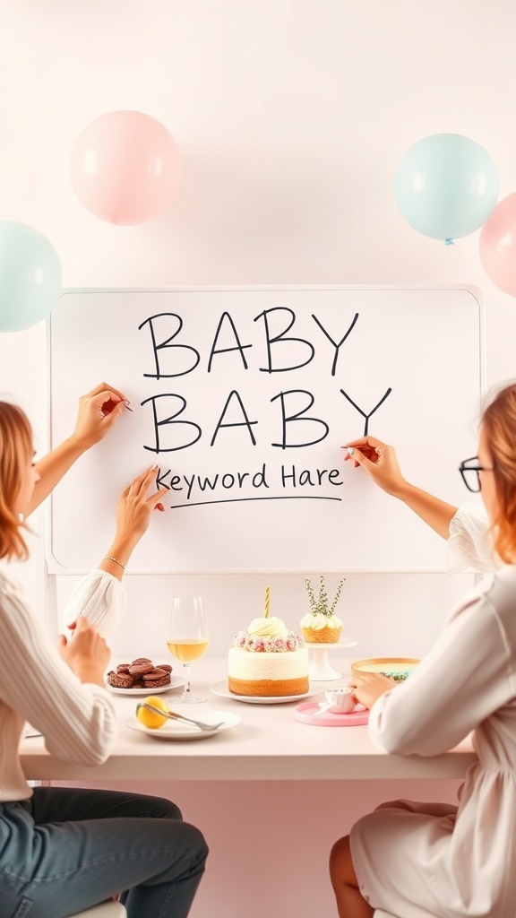 A group of friends playing Baby Shower Pictionary, with a board displaying the words 'BABY' and 'Keyword Hare', surrounded by snacks and drinks.