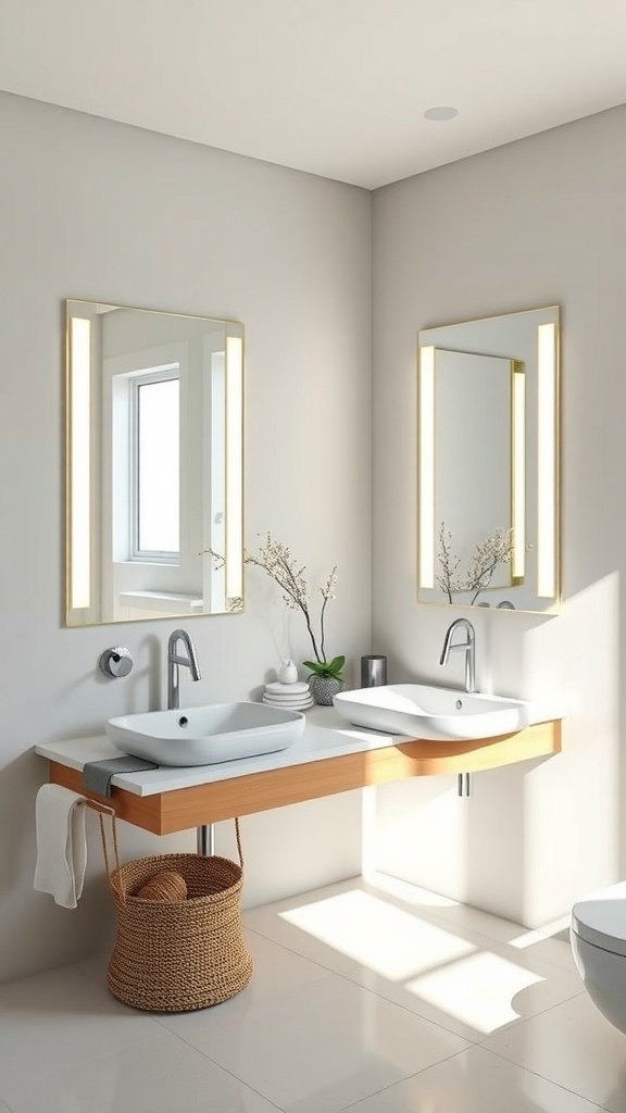 A modern double sink bathroom featuring backlit mirrors and minimalist design elements.