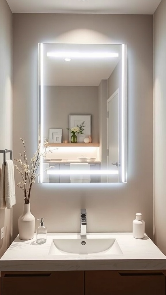 A modern bathroom featuring a backlit mirror above a sink with a minimalist design.