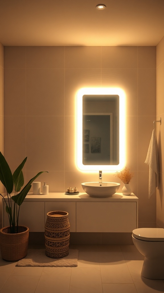 A modern bathroom with a backlit mirror, showcasing a sleek design and warm lighting.