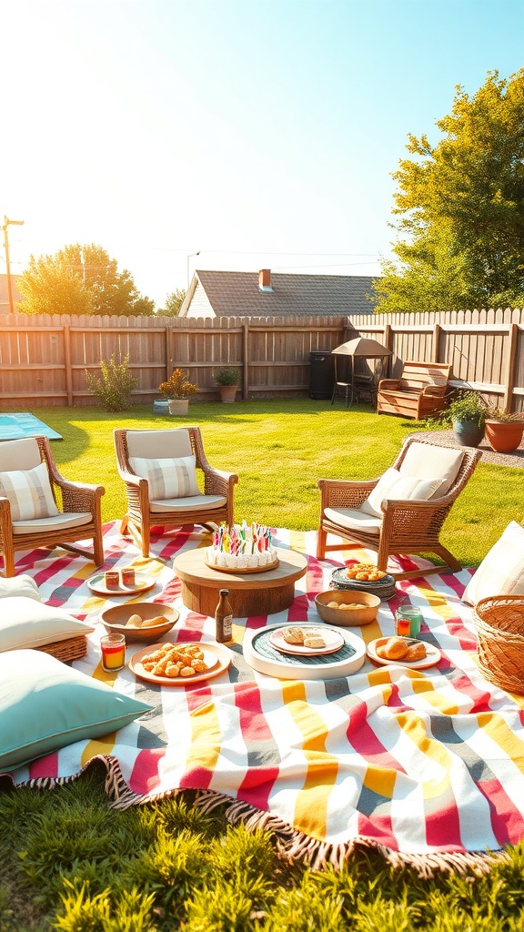 A backyard picnic setup with a colorful blanket, chairs, a cake, and various snacks.