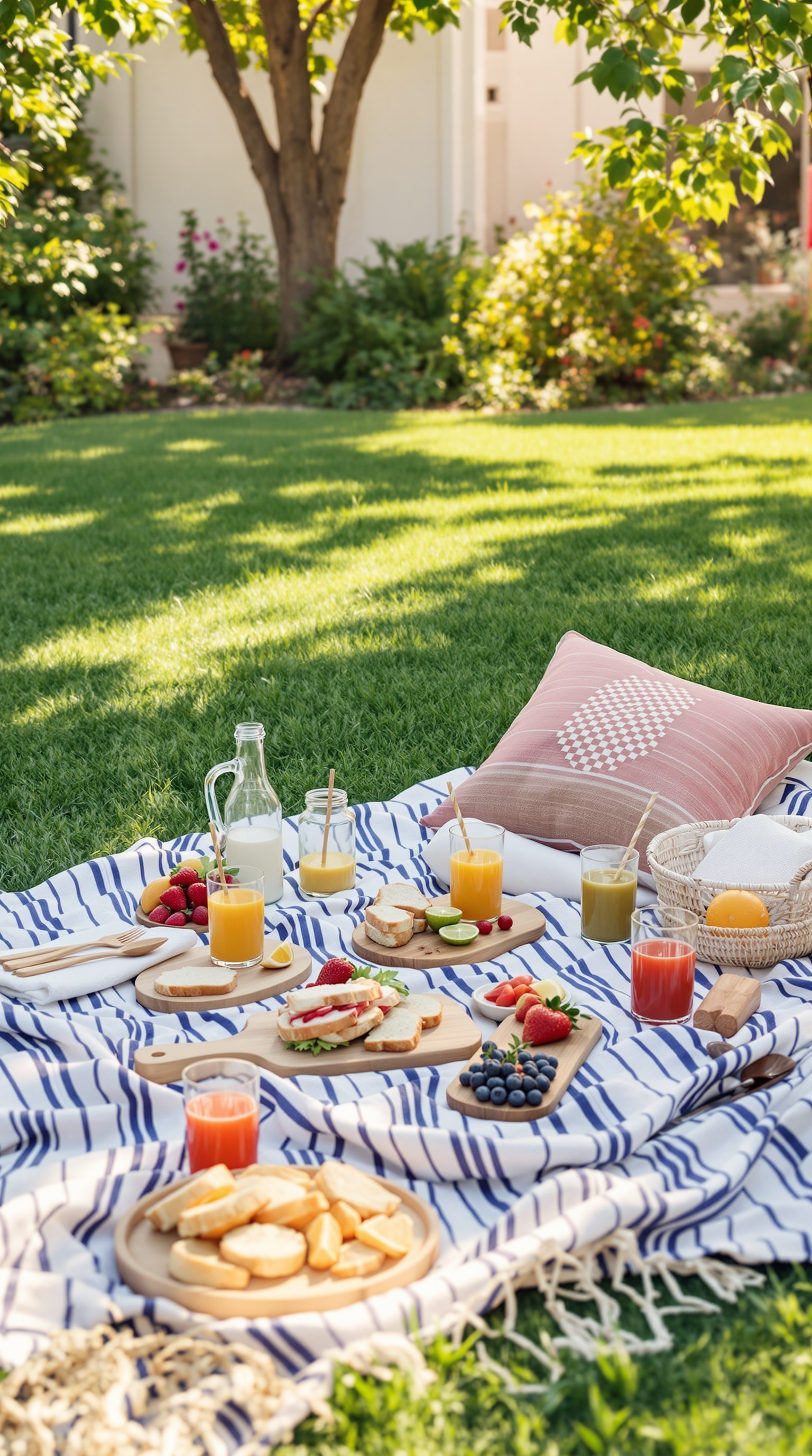 A backyard picnic setup with sandwiches, fruits, and drinks on a striped blanket under a tree.