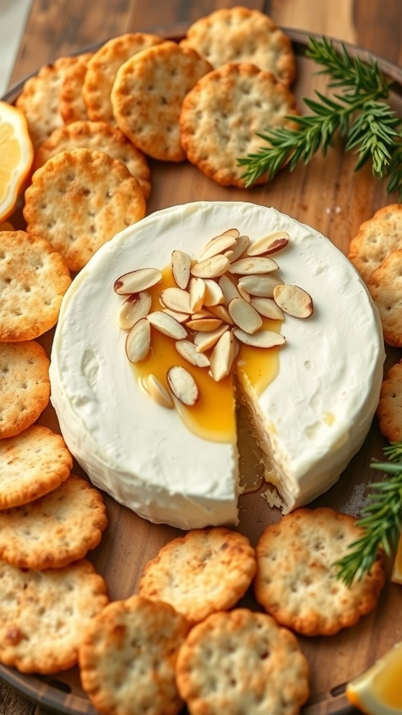 A delicious baked Brie cheese topped with honey and almond slices, surrounded by crispy crackers on a wooden platter.