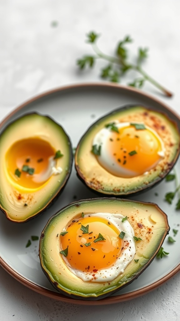 Baked eggs in avocado halves on a plate with herbs