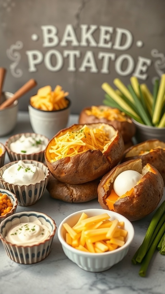 A variety of baked potatoes with different toppings and condiments arranged for a baked potato bar.