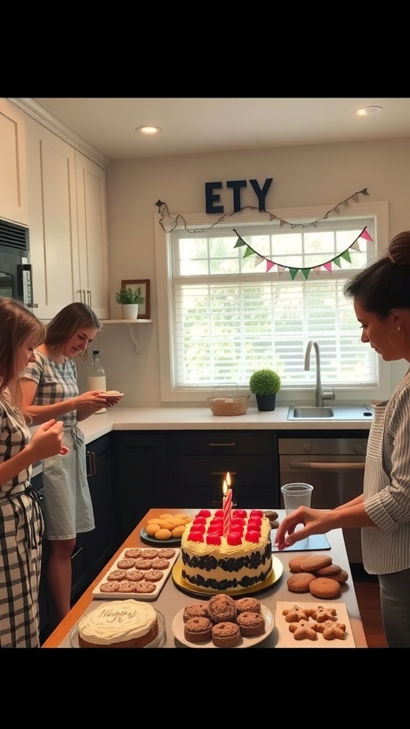 A group of friends celebrating a birthday by baking in a kitchen, featuring a colorful cake and various cookies on the table.