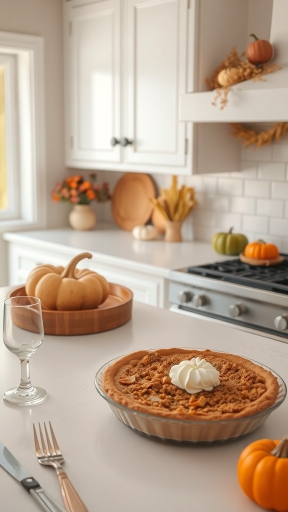A cozy kitchen with a pumpkin pie topped with whipped cream, small pumpkins, and autumn decorations.