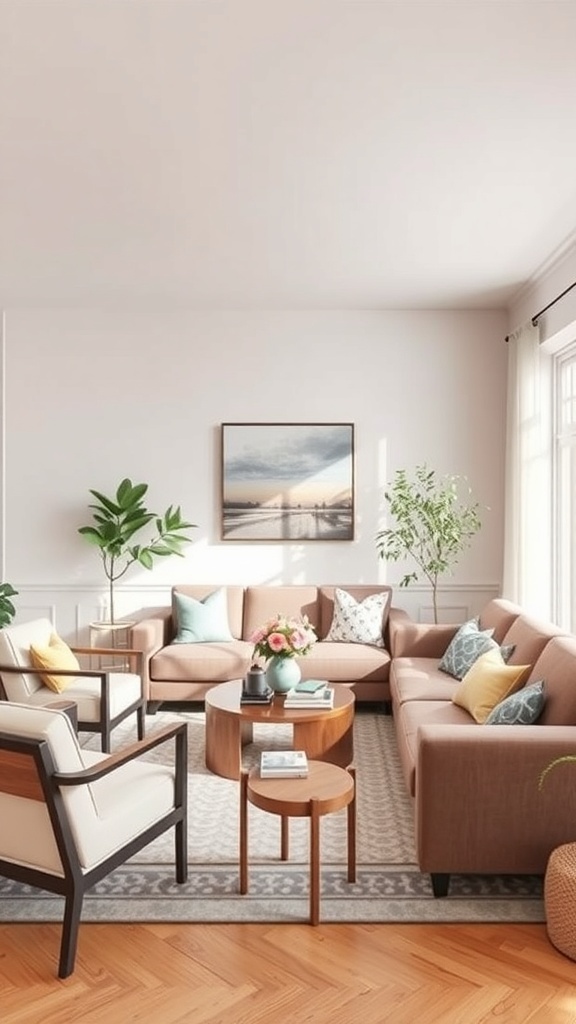 Cozy earthy living room with a sectional sofa, armchairs, coffee table, and plants.