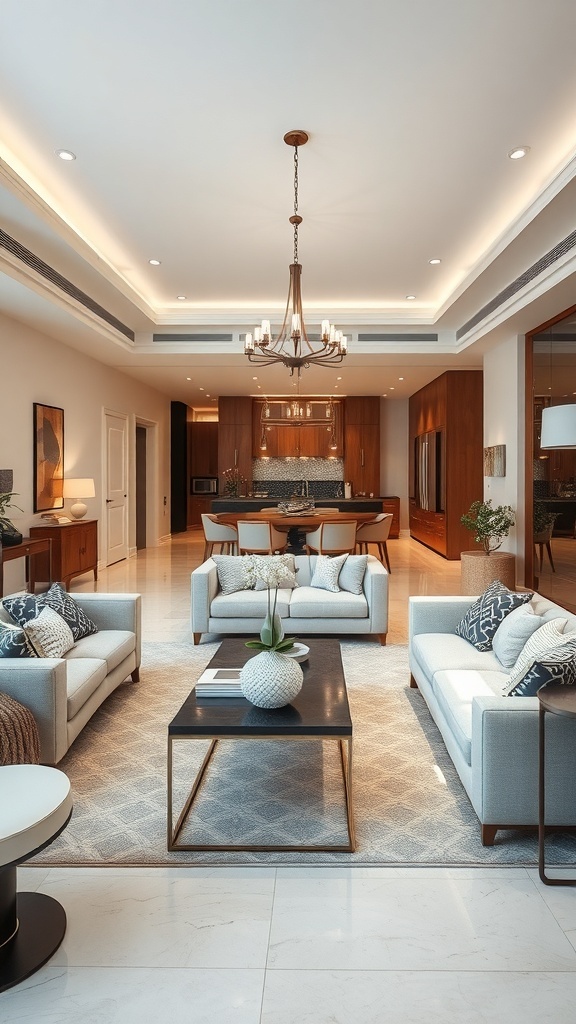 A cozy luxury living room featuring two sofas, a coffee table, and warm wooden cabinetry.