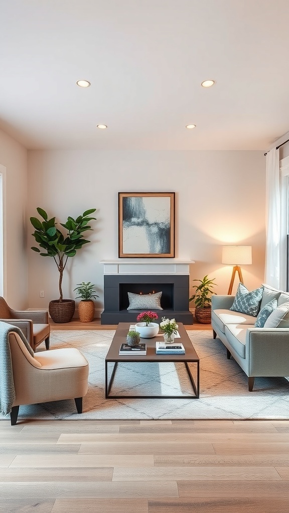 A cozy neutral living room featuring balanced symmetry with two armchairs, a sofa, and a coffee table.