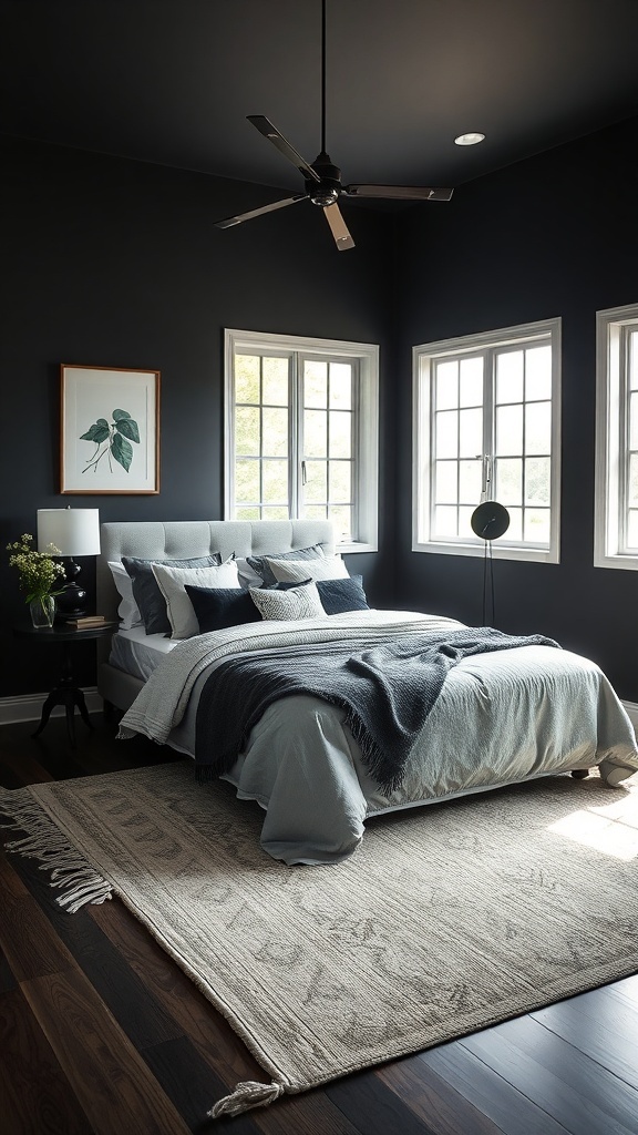 A stylish black bedroom featuring soft textiles, layered bedding, and natural light.