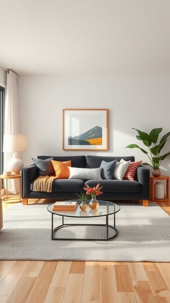 A stylish living room featuring a black couch with colorful cushions, a glass coffee table, and a green plant.