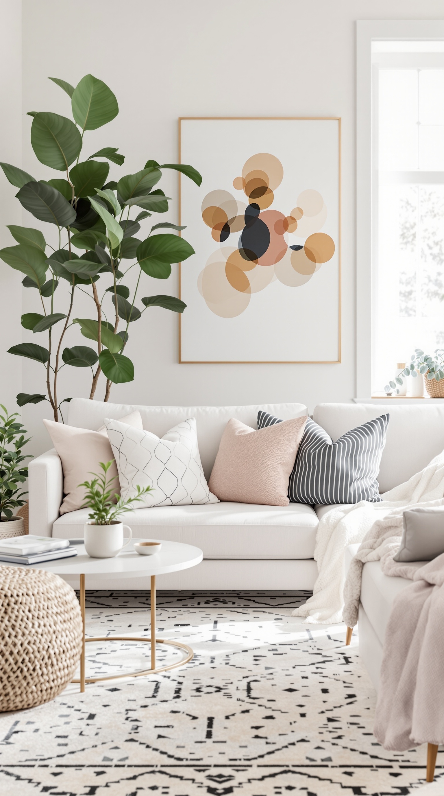 A cozy family room with a white sofa, decorative pillows, a round coffee table, and plants.