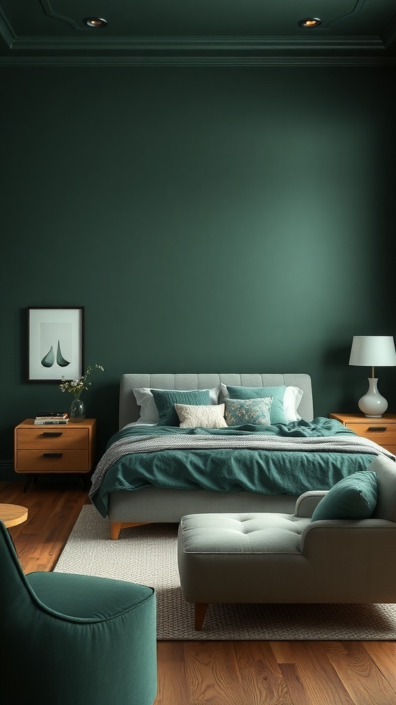 A dark green bedroom featuring a cozy bed with light-colored bedding, wooden furniture, and a comfortable chair.