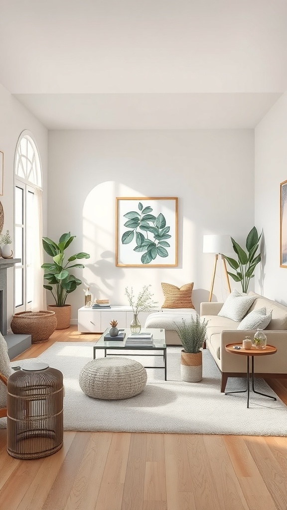 A small living room with light walls, a comfortable sofa, plants, and a glass coffee table.