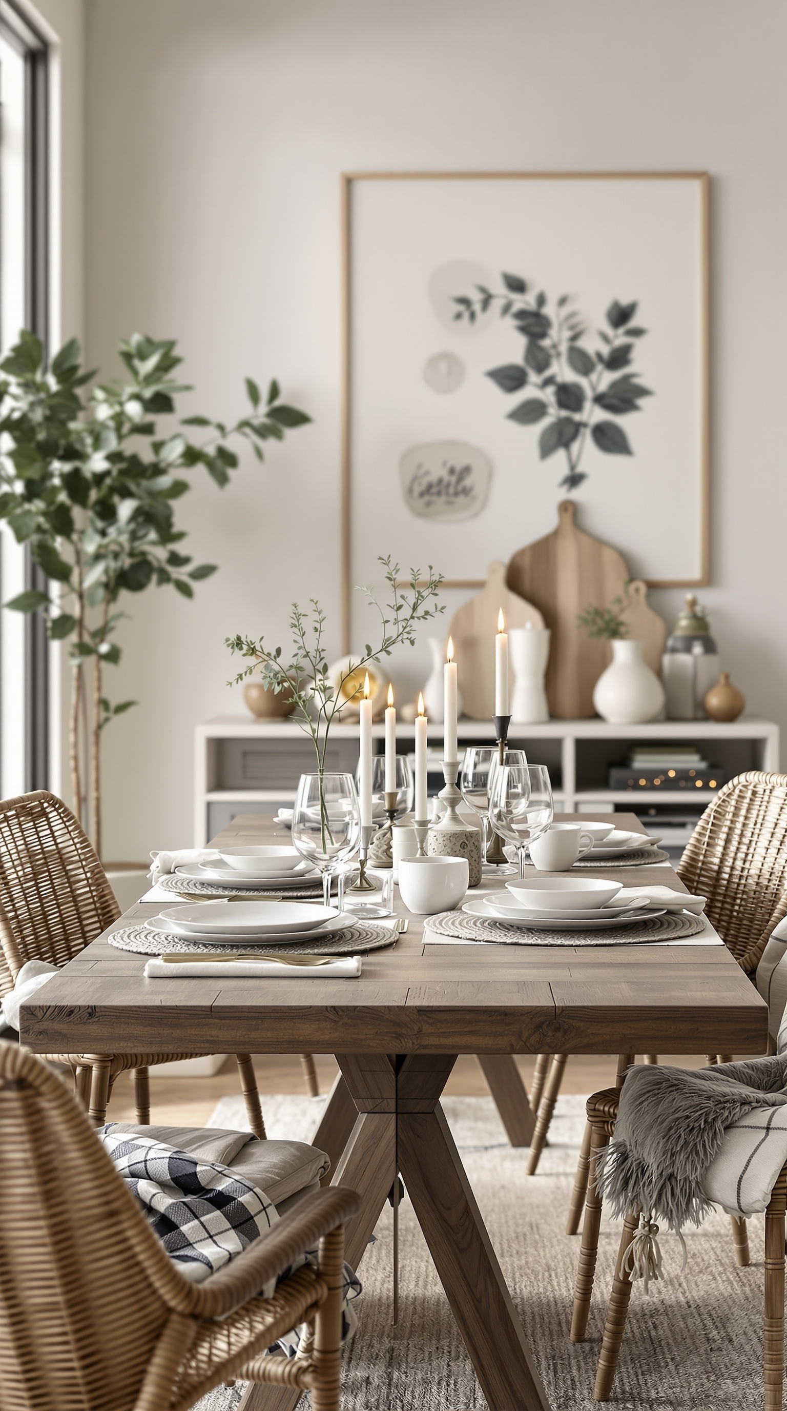 A beautifully set dining table with candles, greenery, and elegant tableware.