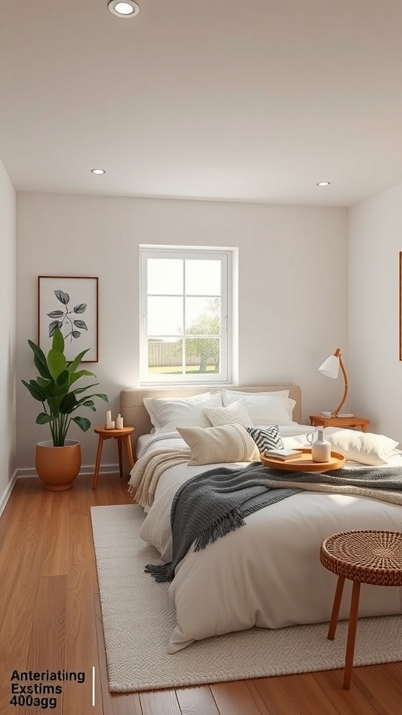 A minimalist bedroom featuring a neatly made bed, natural light, and simple decor.