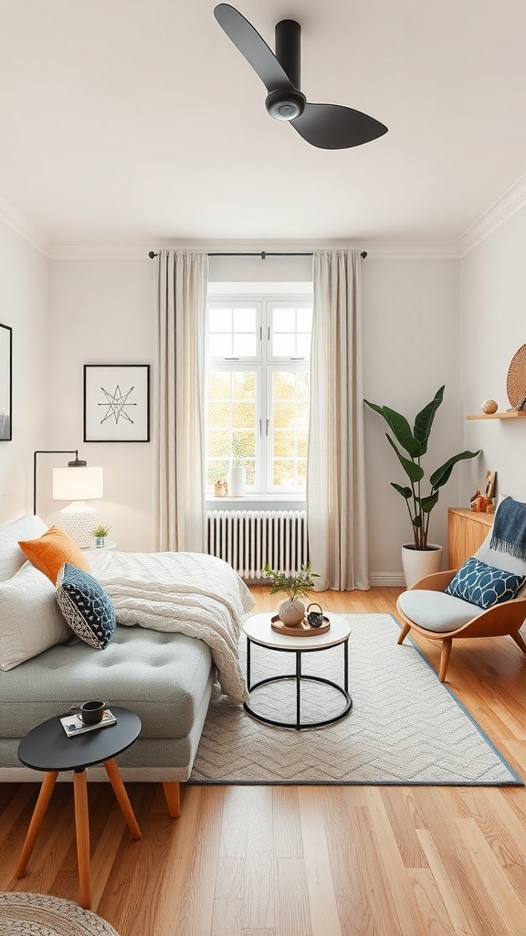 A cozy bedroom layout featuring a bed, a comfortable chair, and decorative elements.