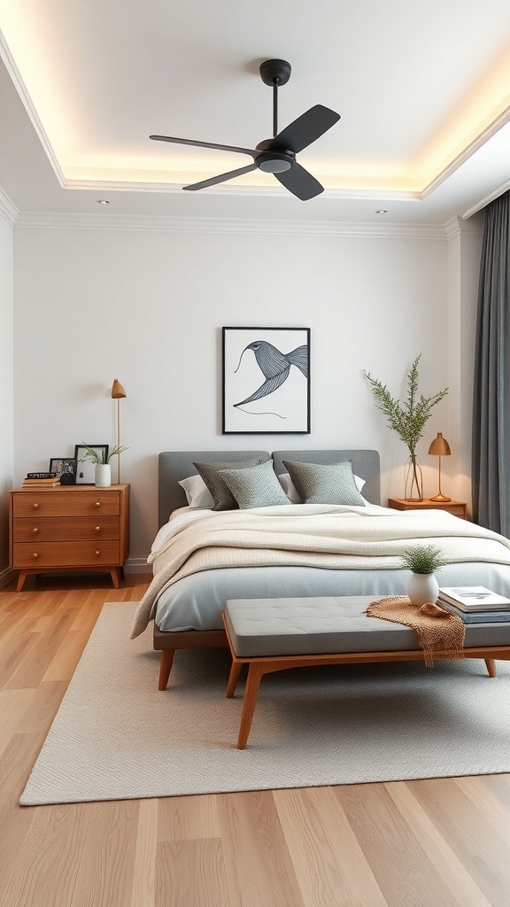 A modern bedroom with a gray bed, wooden furniture, and soft lighting.