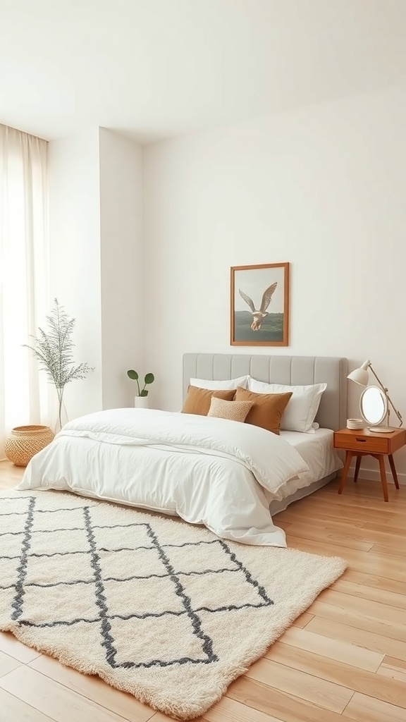 A neutral bedroom featuring a comfortable bed, soft bedding, and a cozy rug, with natural light and plants.