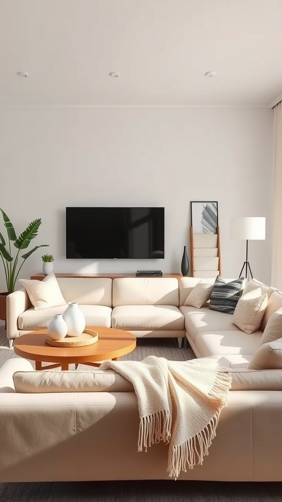 Cozy mid-century modern living room with a light sectional sofa, wooden coffee table, and decorative accessories.