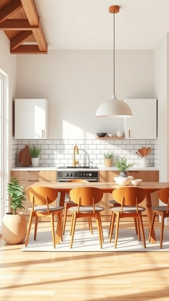 A mid-century modern kitchen featuring light wood cabinetry, a round dining table, and natural light.