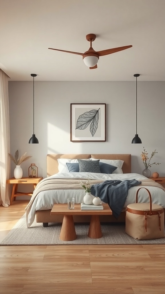 A modern earthy bedroom featuring a light wood floor, neutral walls, a cozy bed, and natural decor elements.