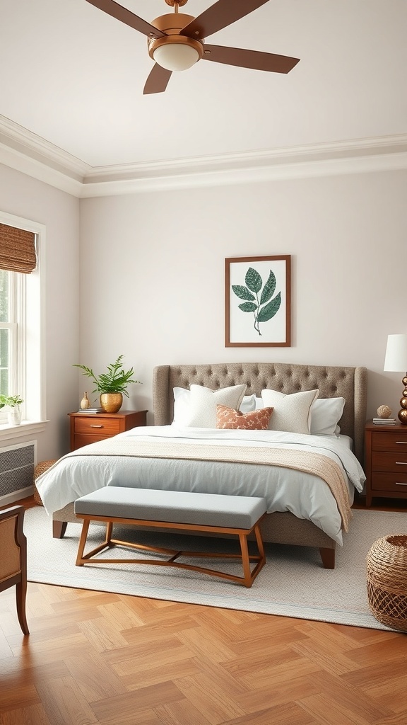 A cozy king bedroom featuring a tufted headboard, warm wood furniture, and natural decor elements.
