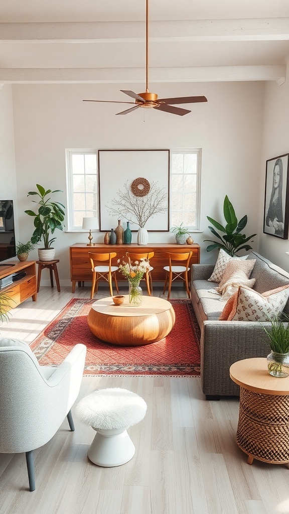 A cozy boho living room featuring a light color palette, comfortable furniture, and plants.