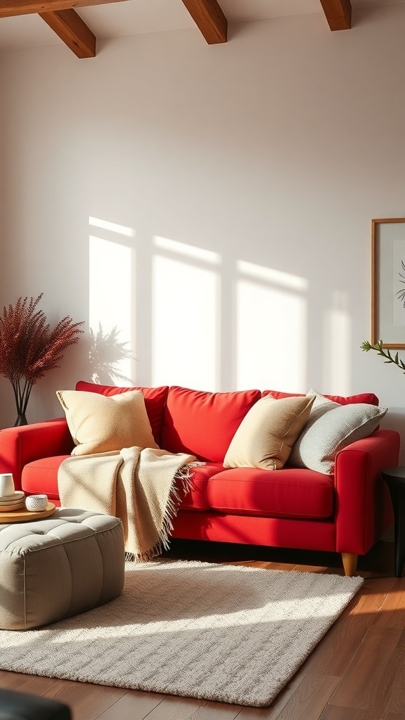 A bright red couch with soft pillows and a cozy throw in a well-lit living room.