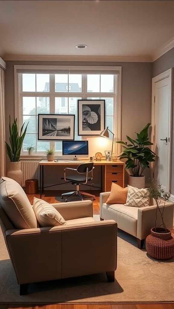 A cozy home office featuring a desk with a computer, comfortable seating, and plants.