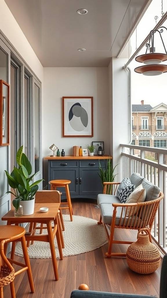 A cozy balcony bar setup with wooden furniture, plants, and soft lighting.