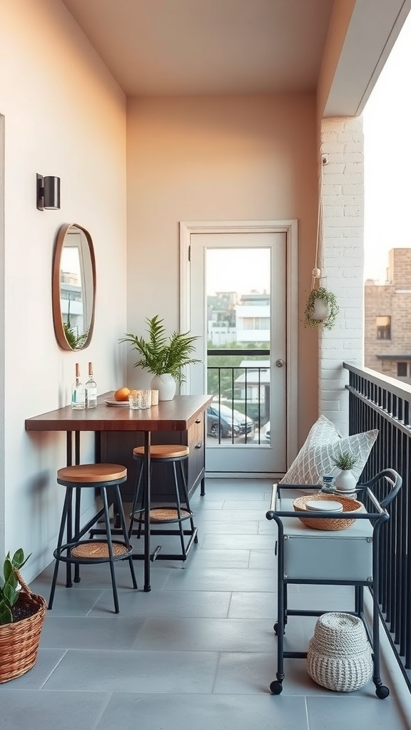 A narrow balcony featuring a wooden bar table with stools, plants, and a rolling cart.