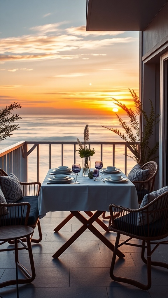 A cozy balcony dining setup with a table, chairs, and a beautiful sunset view.