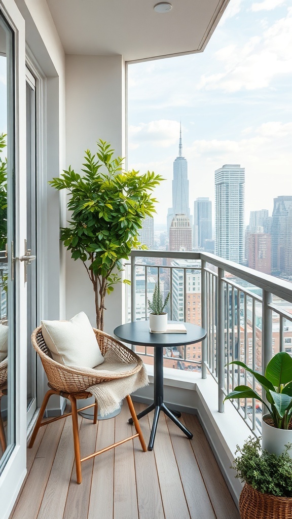 A cozy balcony with a chair, small table, and plants, overlooking a city skyline.
