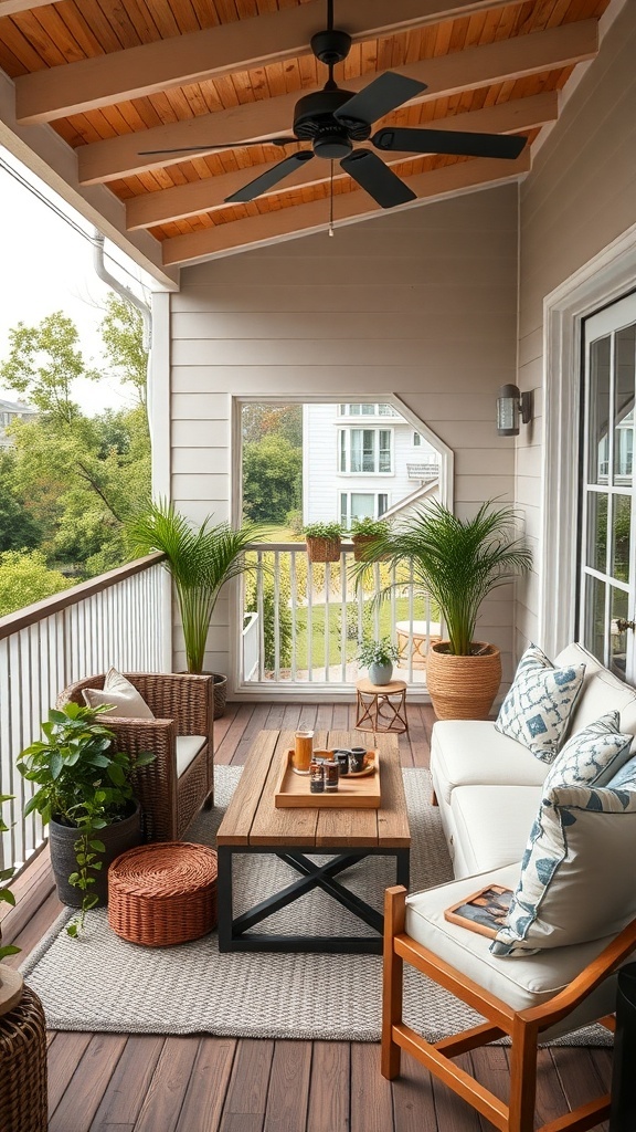 Cozy balcony setup with seating, plants, and a wooden table, perfect for game nights.