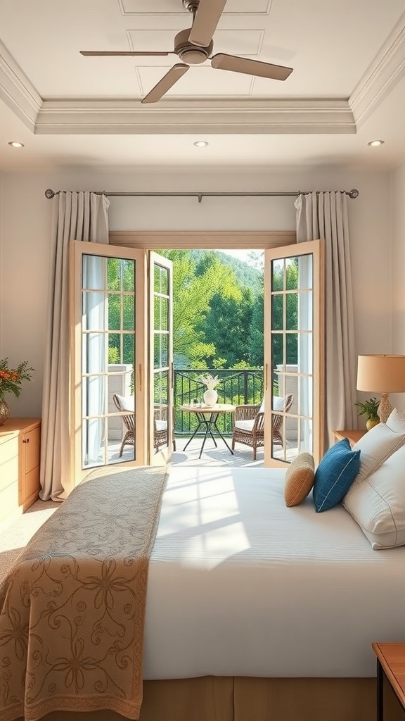 A bright and inviting bedroom with a king-sized bed and open balcony doors leading to a cozy outdoor seating area.