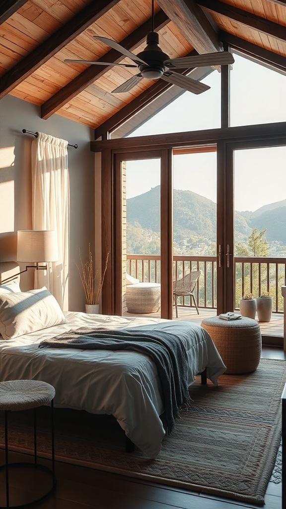 A rustic bedroom with large windows opening to a balcony overlooking mountains, featuring natural materials and cozy decor.