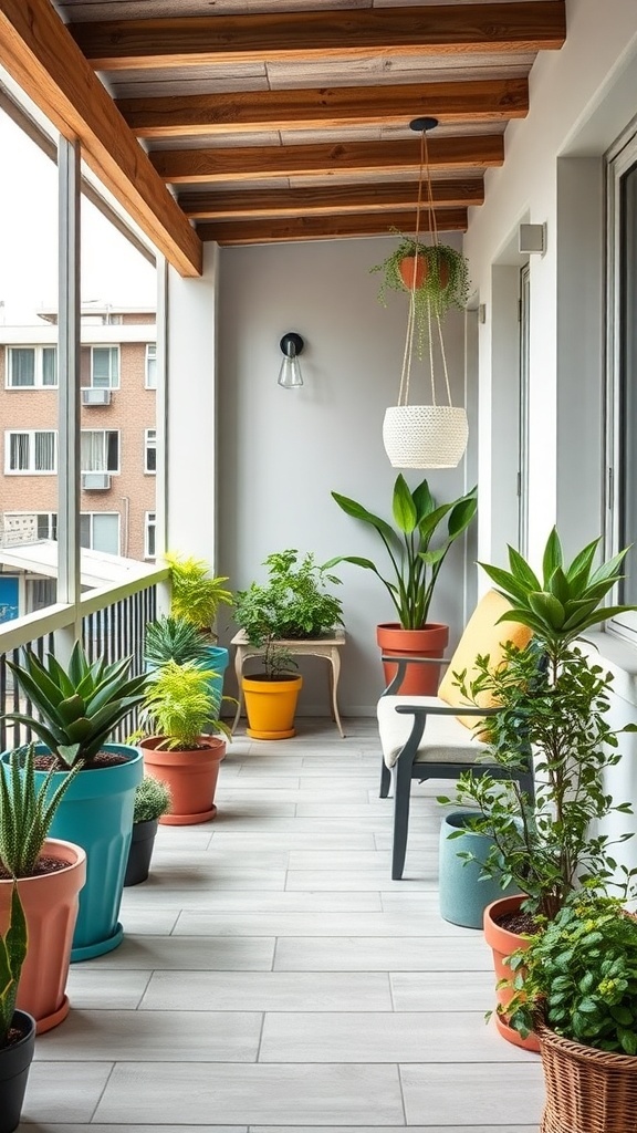 A tiny balcony filled with various plants in colorful pots, featuring a hanging plant and a cozy chair.