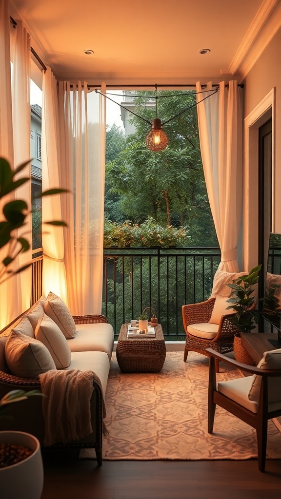A cozy balcony with soft curtains, comfortable seating, and greenery, creating a private and inviting atmosphere.