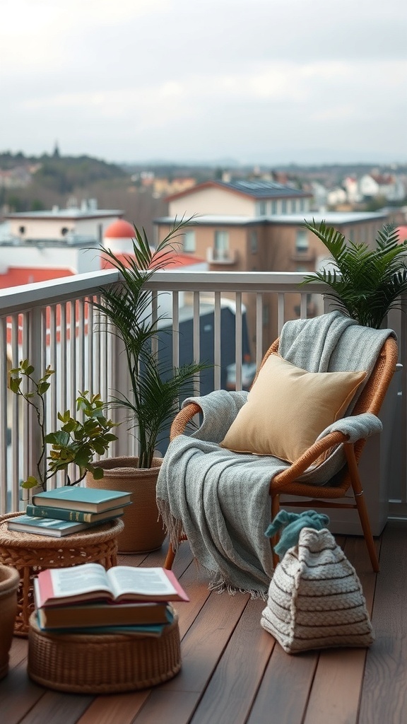 A cozy balcony with a comfortable chair, throw blanket, potted plants, and books, creating a perfect reading nook.