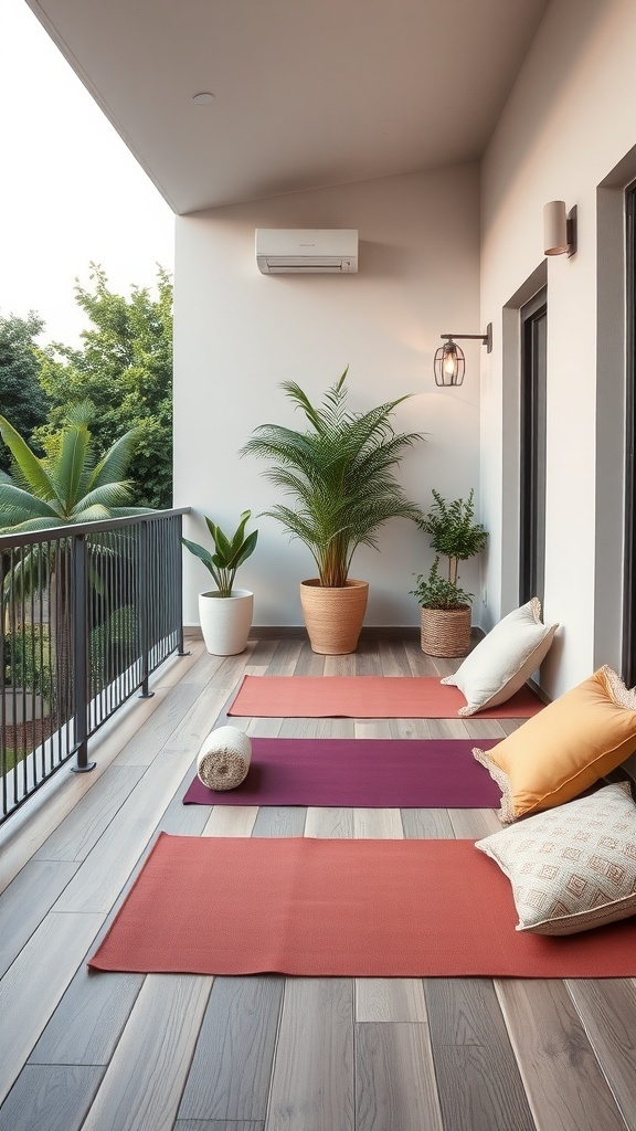 A cozy balcony with yoga mats and cushions, surrounded by plants.