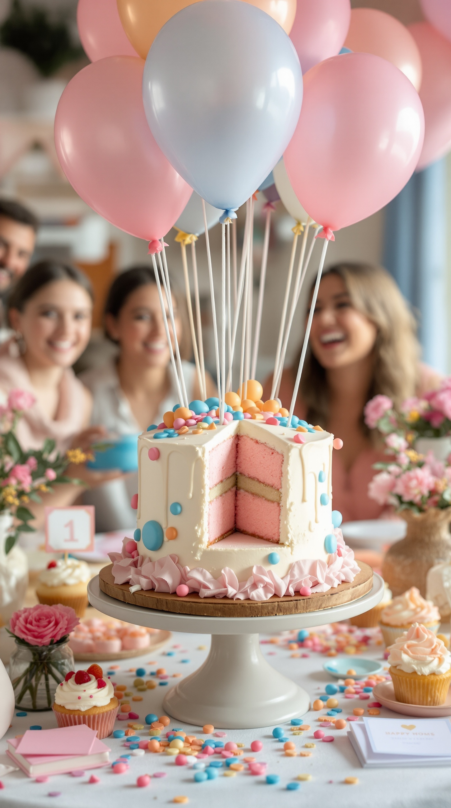 A beautifully decorated gender reveal cake topped with colorful balloons, showcasing pink layers inside, surrounded by happy guests.