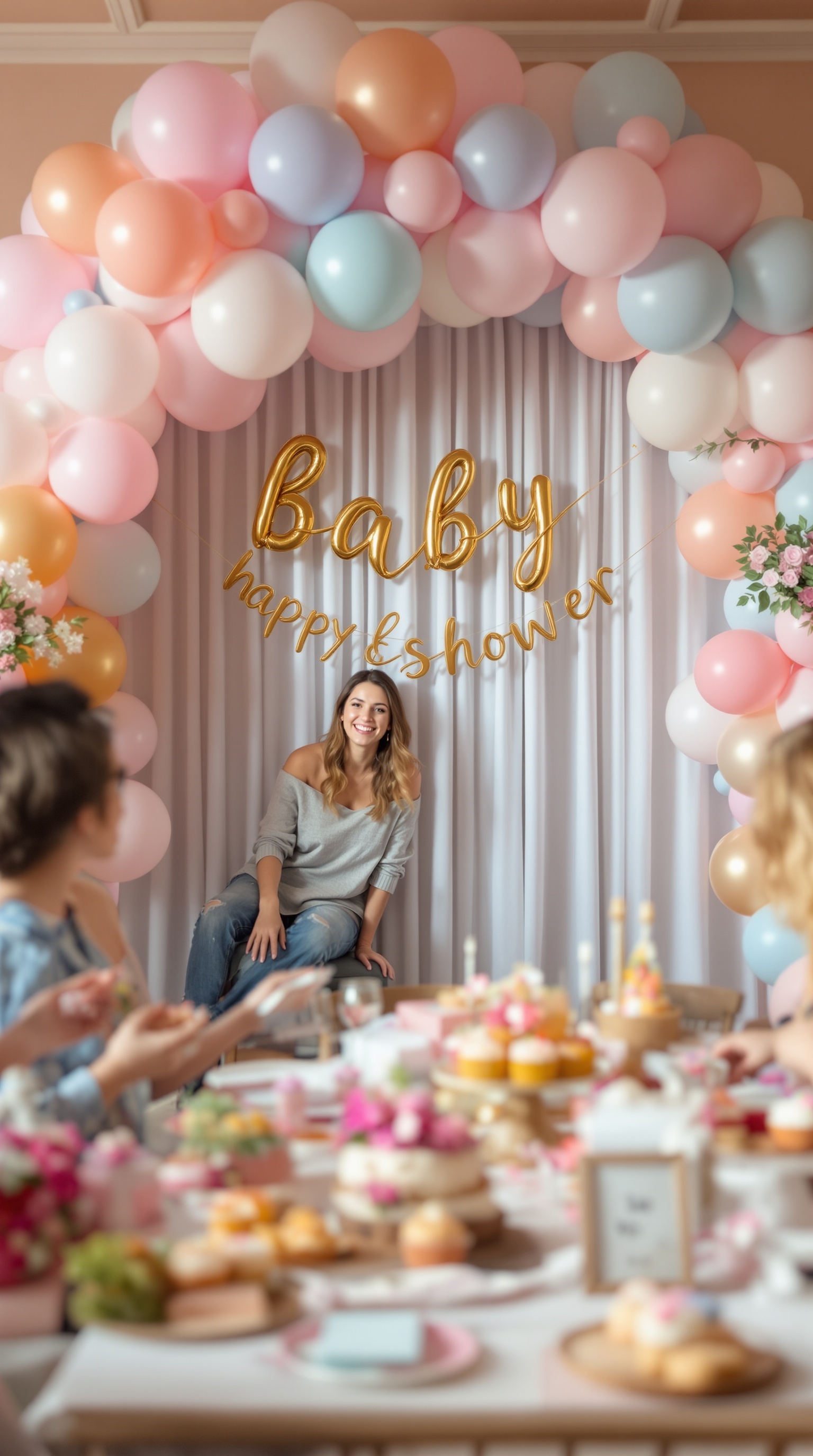A colorful balloon arch at a baby shower with a woman sitting in front of it, smiling.