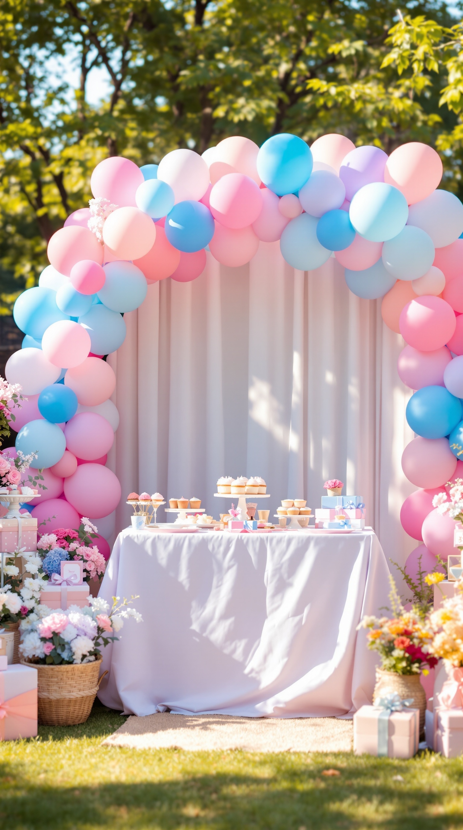 A colorful balloon arch in pink and blue, with a dessert table underneath, surrounded by flowers and gift boxes.