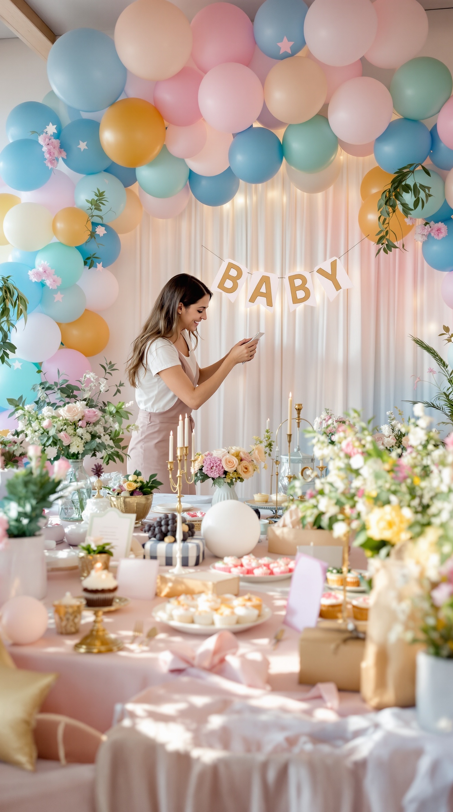 A beautiful balloon arch at a baby shower, featuring pastel colors and a 'BABY' banner.